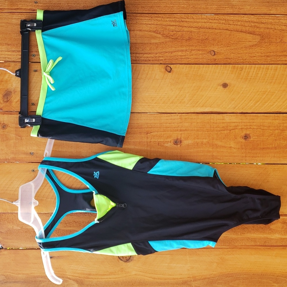 Zero Xposer One Piece Swimsuit + Swim Skirt Coverup Colors Green Black Blue - Picture 3 of 11